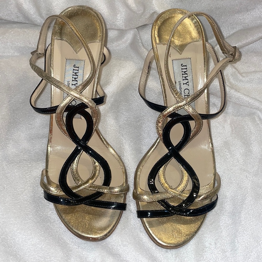Jimmy Choo Strappy Gold and Black Heels